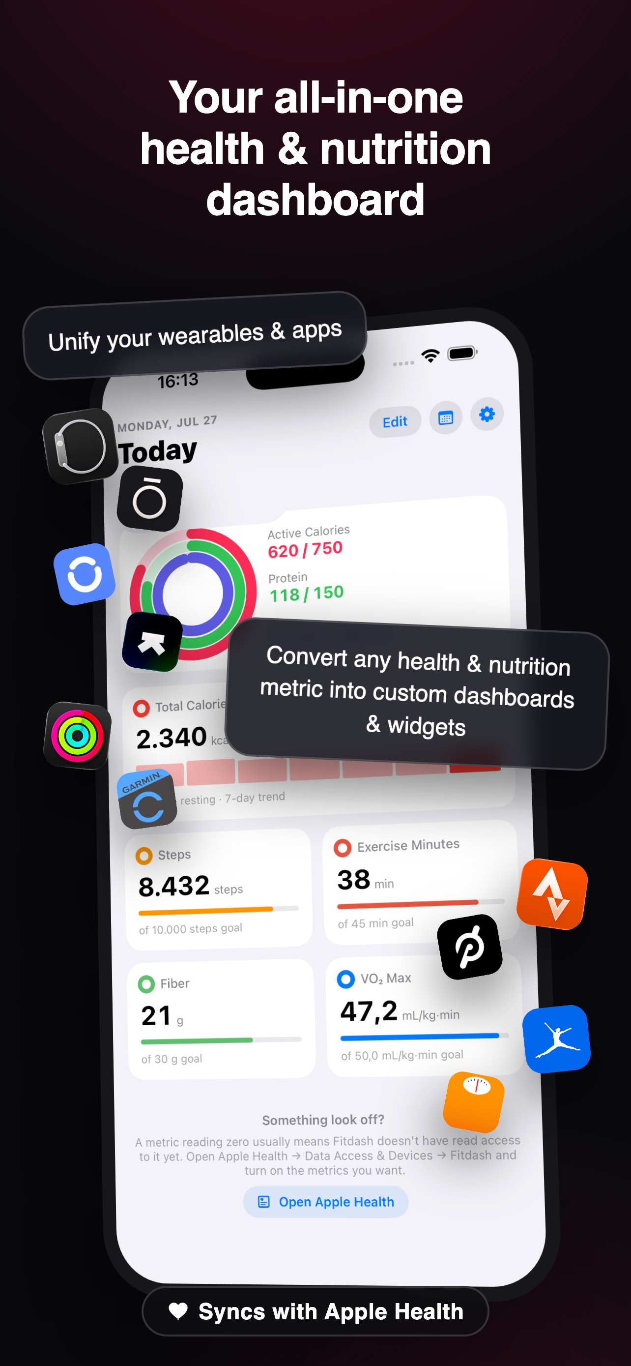 Fitdash dashboard with rings and metric tiles